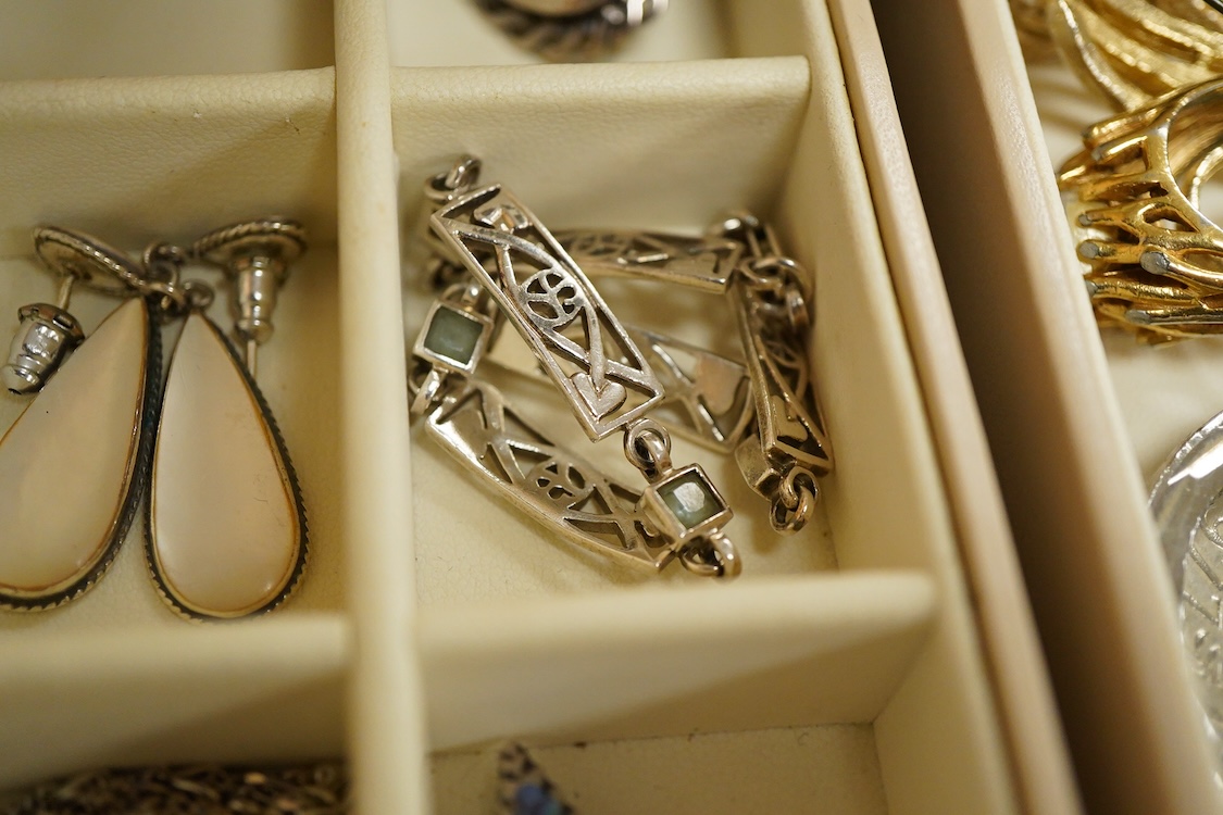A jewellery box containing mainly costume and other jewellery including, silver and 925 cufflinks, a cultured pearl necklace with silver and paste set clasp and three wrist watches including a steel and gold plated Bulov